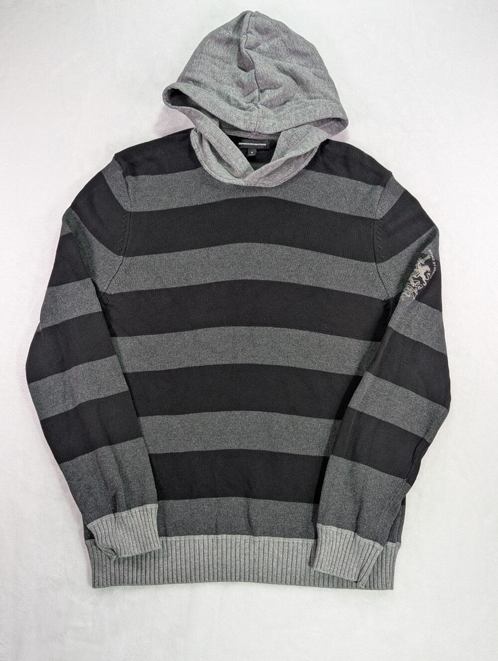 Express Design Studio Striped Knit Hoodie Sweater Gray Black Embroidered M Y2K